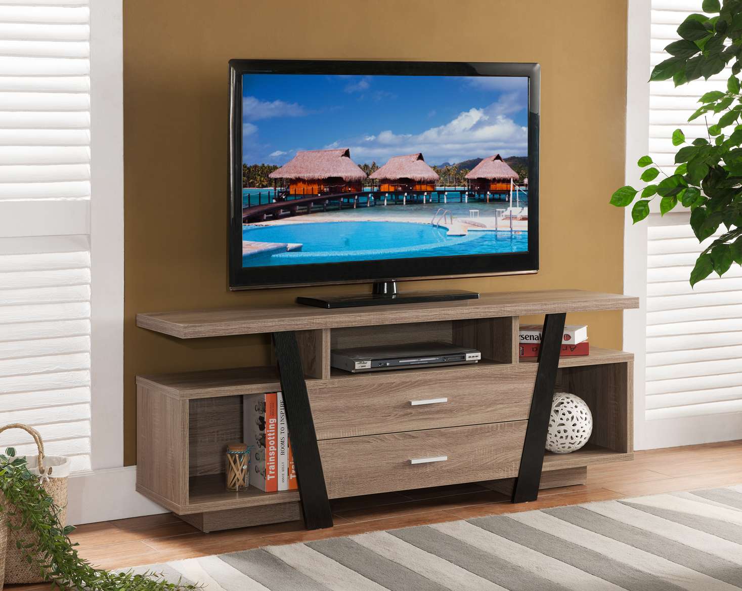 Smart Home 151310 Mid Century Modern Dark Taupe &  Black TV Stand fit ...