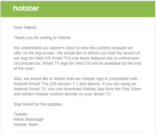 When will they bring Hotstar to LG smart TVs?